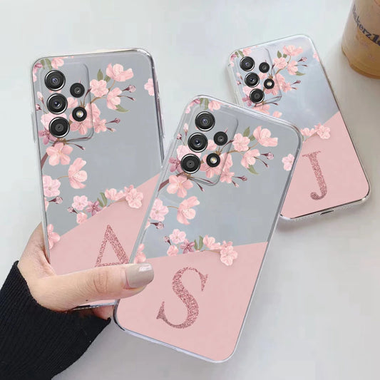 Initial Letter Transparent Pink Flowers Case For Samsung Galaxy A72